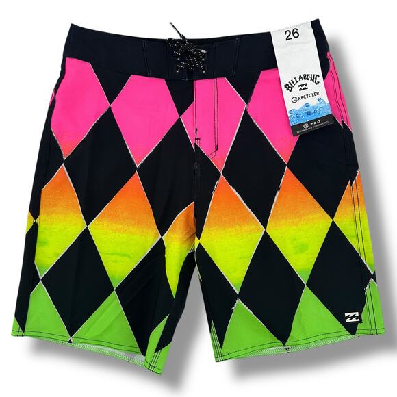 Billabong Sundays Pro 15" Neon Diamond Performance Board Shorts Boys Sz 26 12 M - Picture 1 of 7